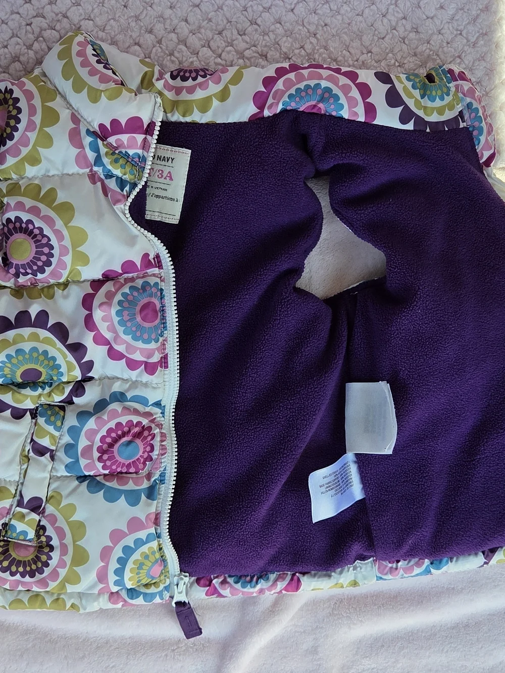 Old Navy Floral Puffer Vest - White with Pink, Purple & Blue